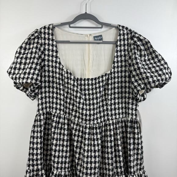 New Arula 1X Black White Gingham Plaid Babydoll Mini Dress Puff Sleeve Preppy - Picture 2 of 13